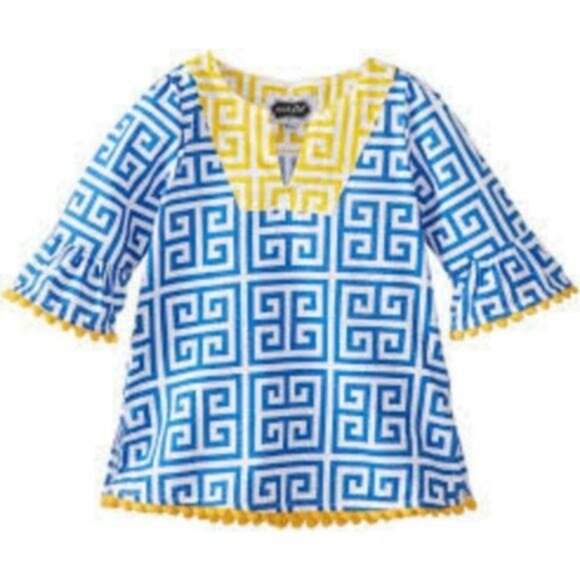 Mud Pie Baby Girls V-Neck Pom-Pom Tunic 12-18M Blue/Yellow Geometric Cotton - Picture 1 of 5
